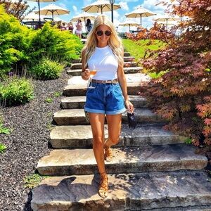 Topshop Women- Jean Shorts Pleat Front Rigid High Waist Roll Cuff